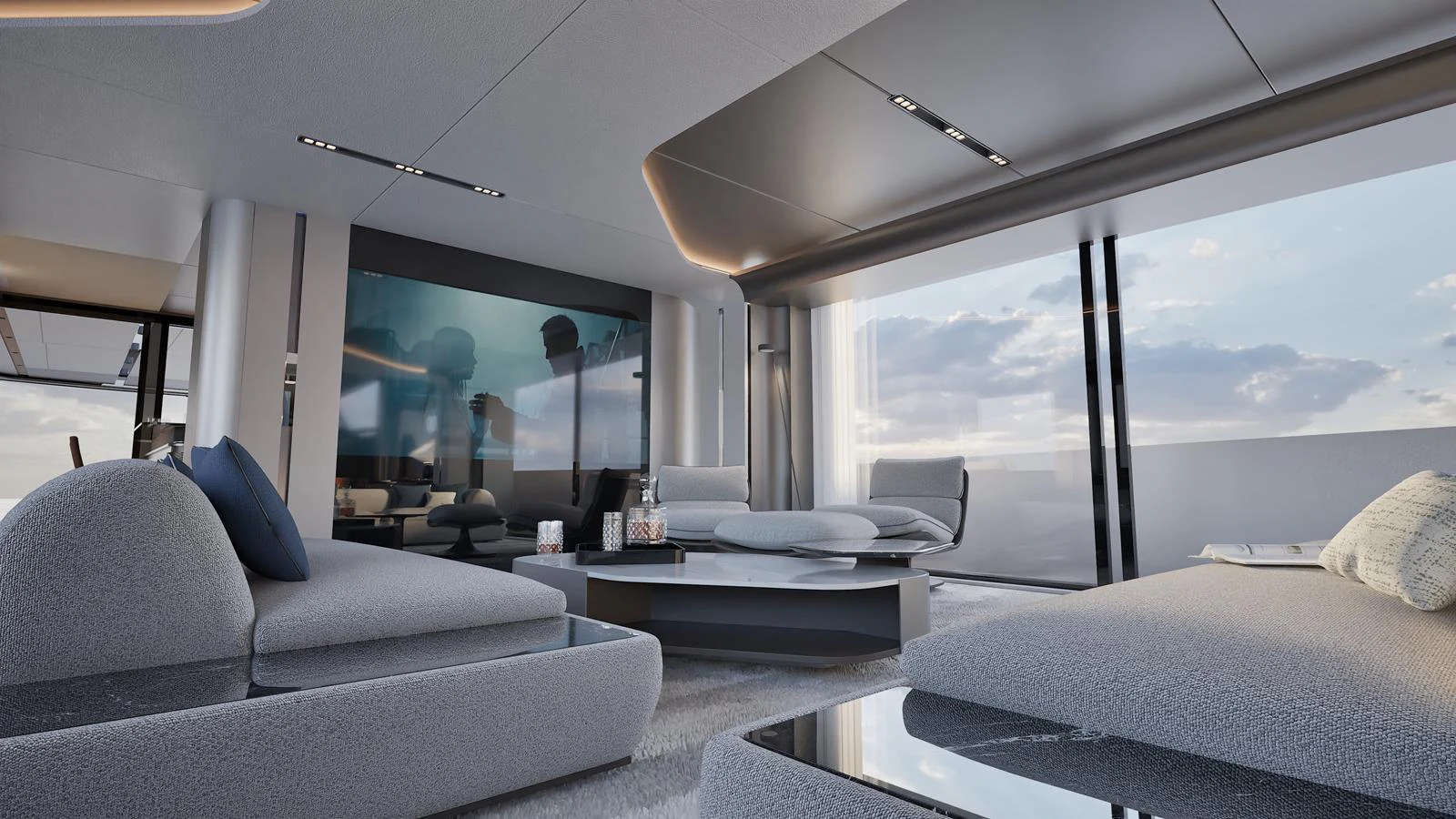 The salon features modern furnishings with expansive windows offering stunning ocean views. aboard ISA VIPER 130 Yacht for Sale