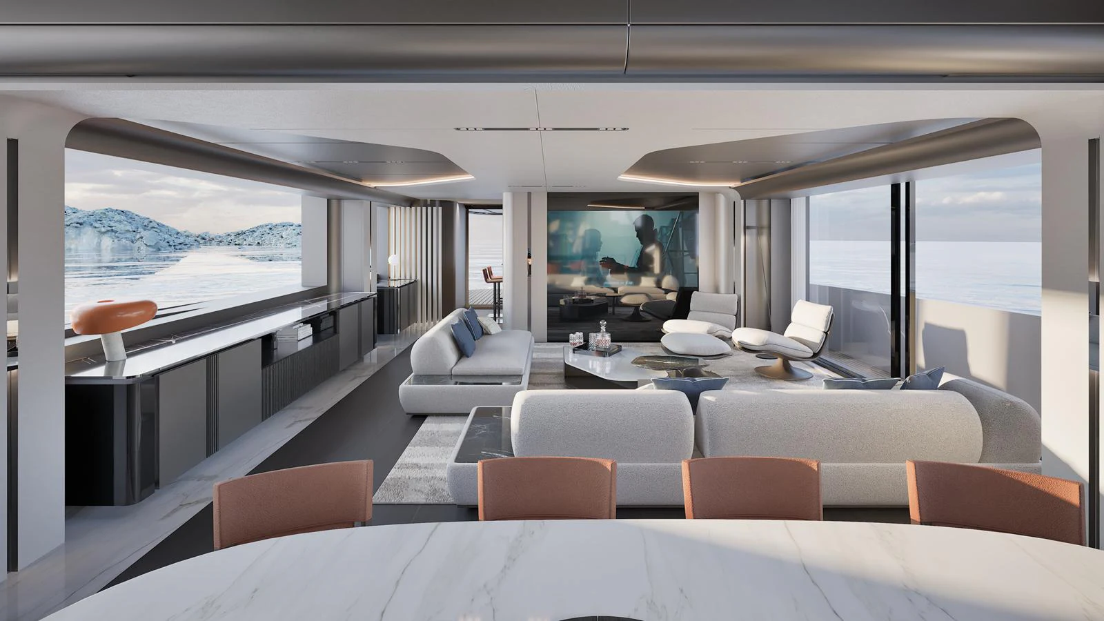 The salon offers a spacious and luxurious setting with modern furnishings and panoramic views. aboard ISA VIPER 130 Yacht for Sale