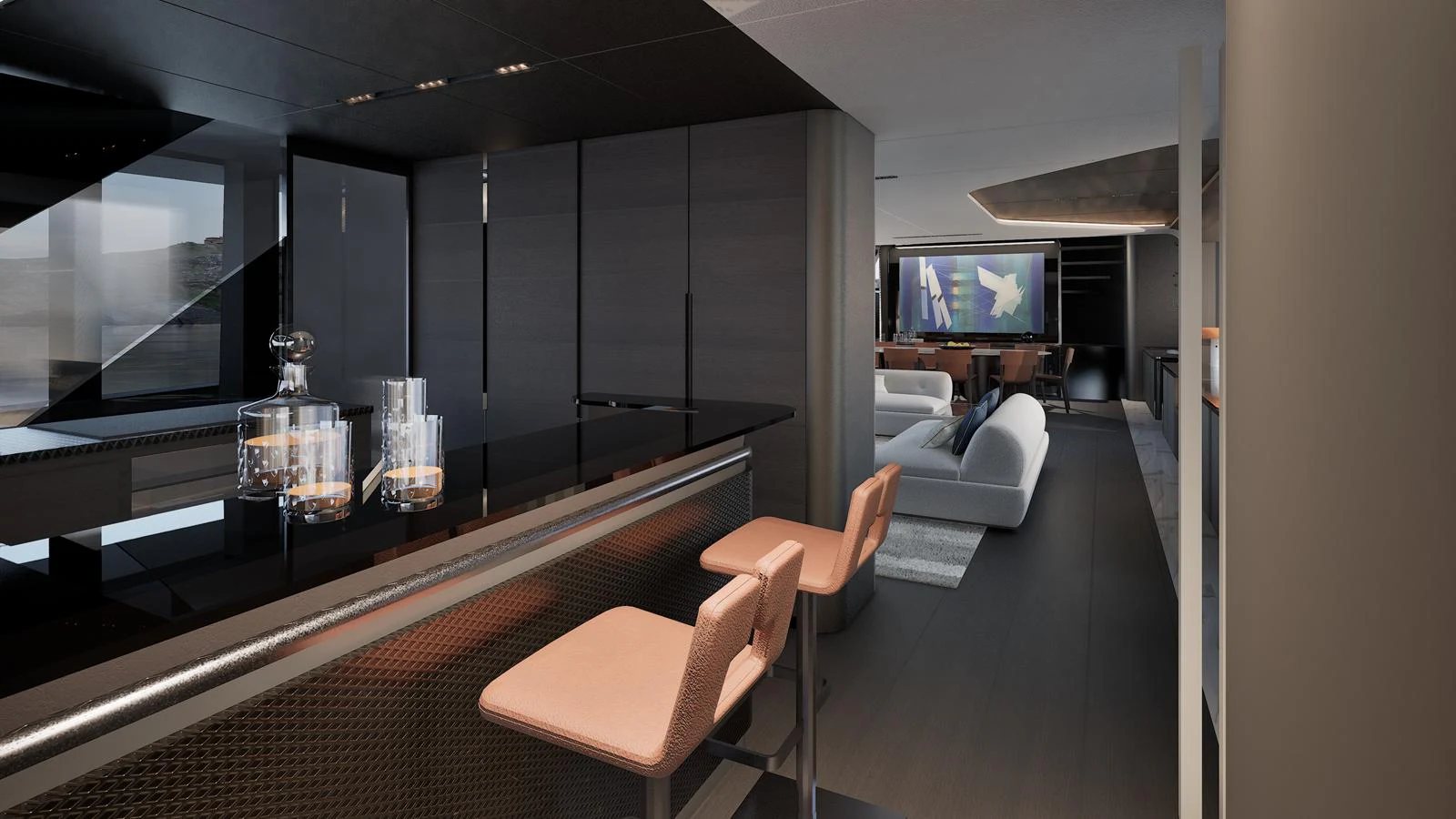 The yacht's salon features a sleek bar area with modern seating and a comfortable lounge space. aboard ISA VIPER 130 Yacht for Sale