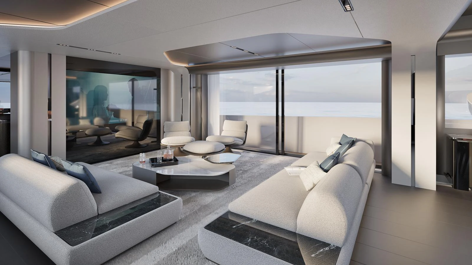 The yacht's salon features modern, luxurious seating with expansive ocean views through large windows. aboard ISA VIPER 130 Yacht for Sale