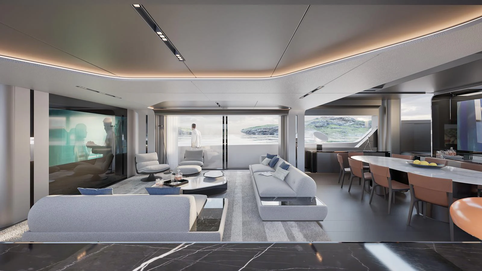 The spacious salon features modern furnishings and large windows offering stunning views. aboard ISA VIPER 130 Yacht for Sale