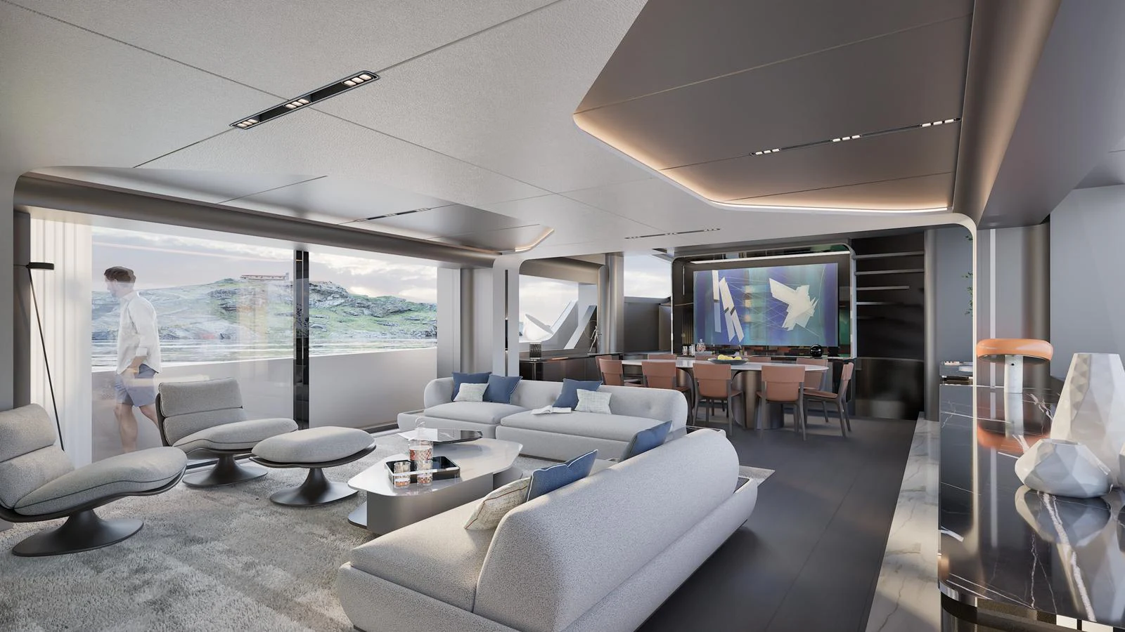 The salon offers a spacious and modern living area with ample seating and a large window providing scenic views. aboard ISA VIPER 130 Yacht for Sale