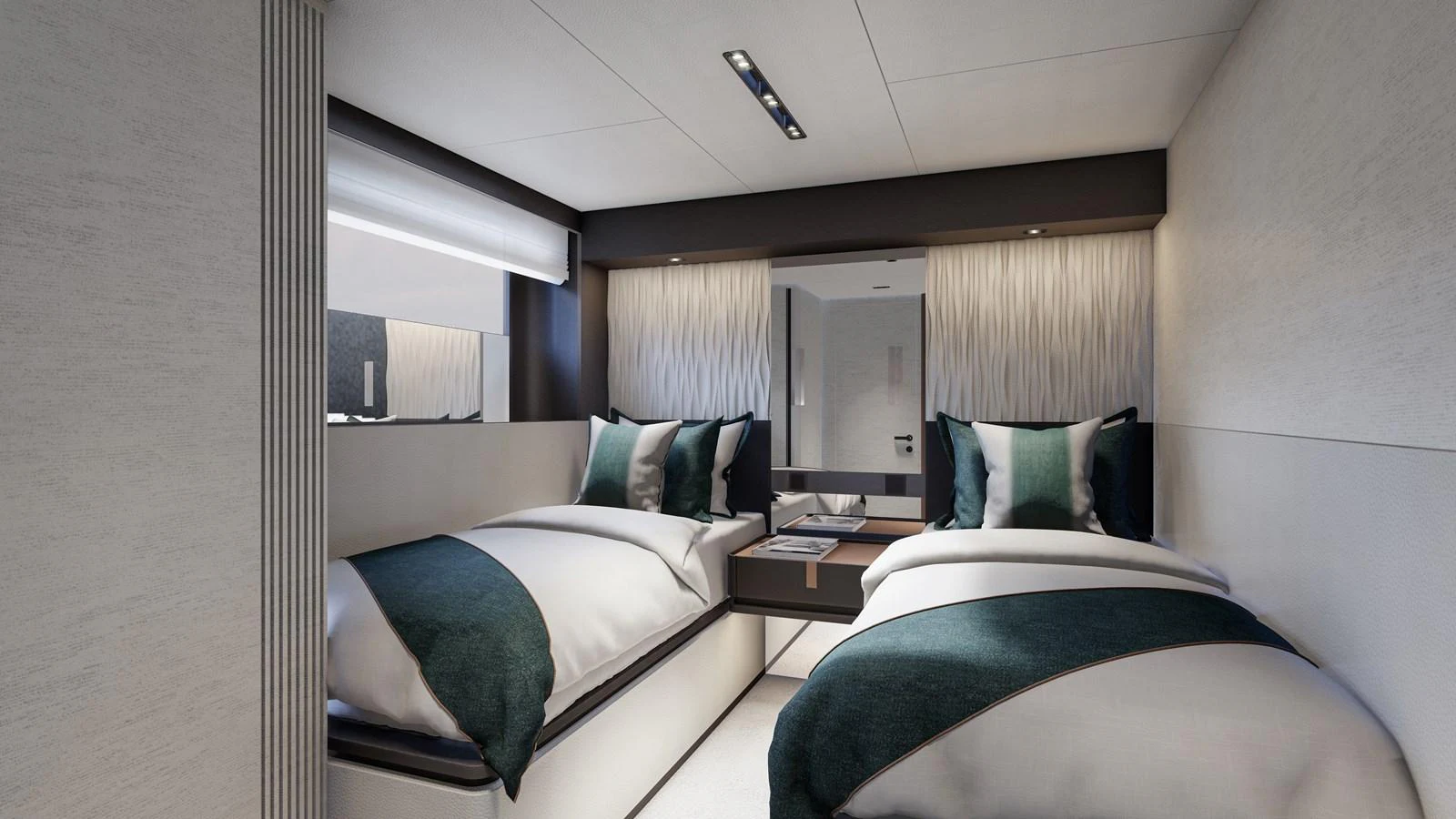 The twin stateroom features modern decor with two single beds and elegant lighting. aboard ISA VIPER 130 Yacht for Sale