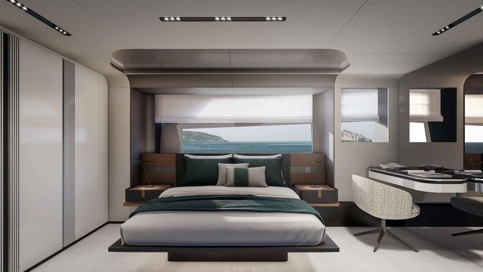 The master stateroom offers a luxurious and serene retreat with a stunning view of the sea. aboard ISA VIPER 130 Yacht for Sale