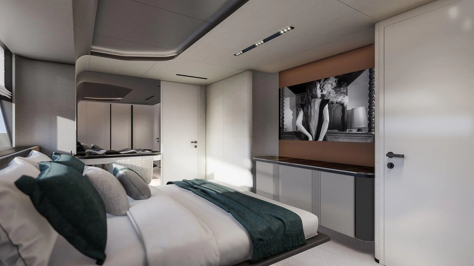 The stateroom offers a luxurious and serene retreat with modern furnishings and elegant decor. aboard ISA VIPER 130 Yacht for Sale