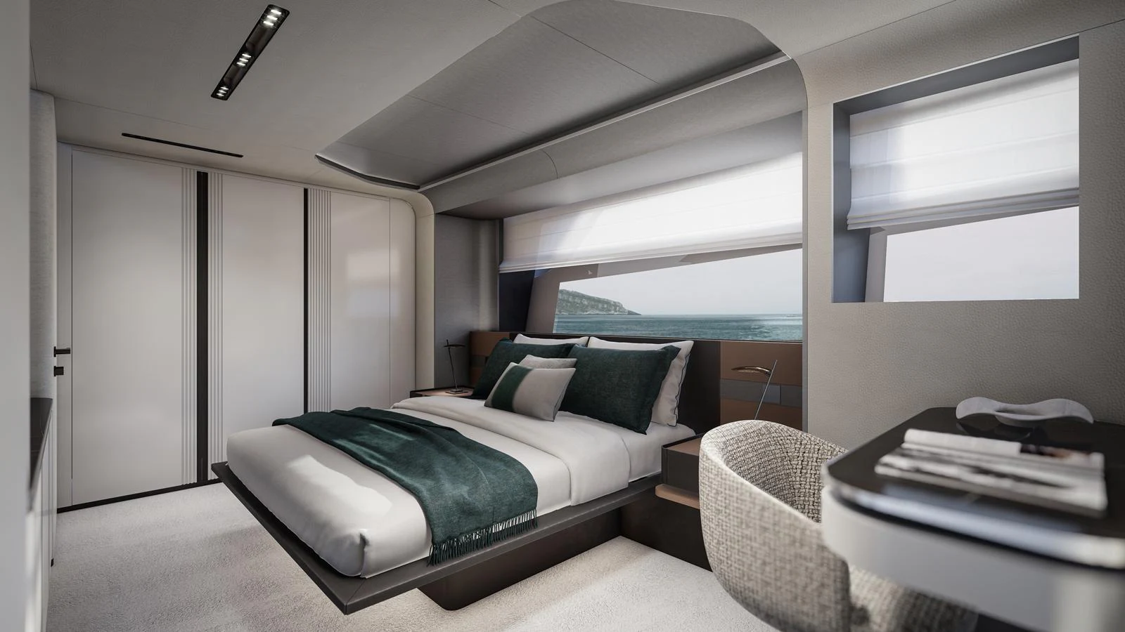 The stateroom features a luxurious bed with elegant bedding and ample natural light from large windows. aboard ISA VIPER 130 Yacht for Sale