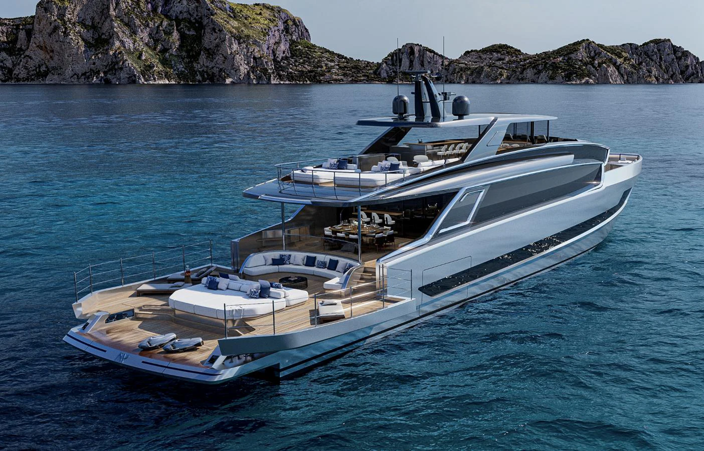 A sleek and modern yacht cruising in clear blue waters with a spacious aft deck for relaxation. aboard ISA VIPER 130 Yacht for Sale
