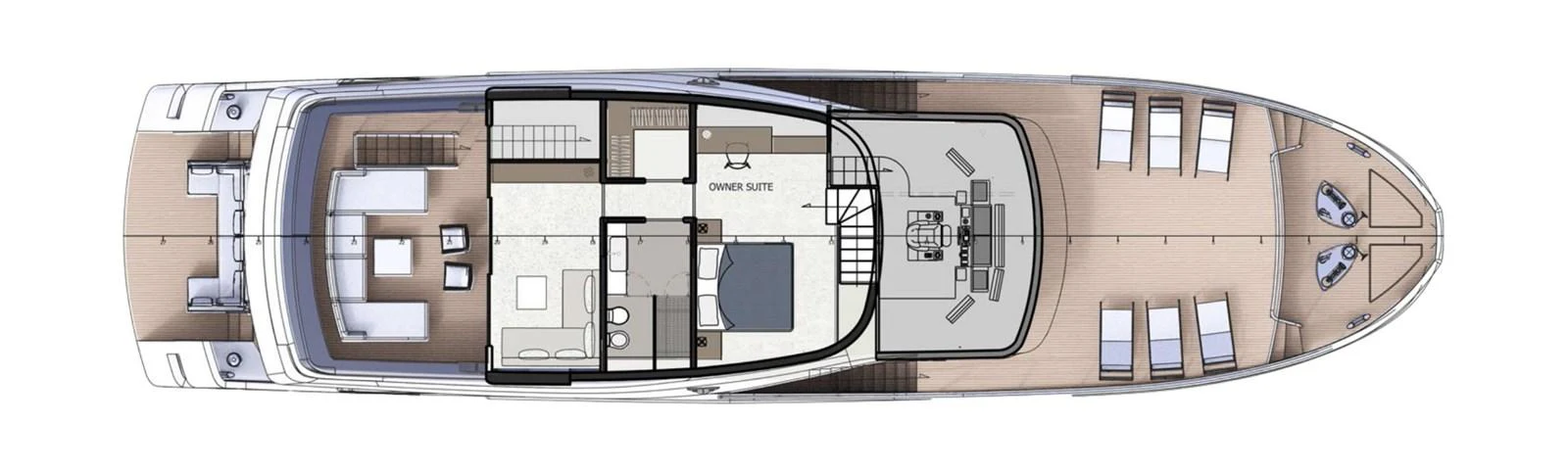 This image showcases the detailed deck plan of a luxurious yacht, highlighting various living and functional areas. aboard FILIPPETTI N28-01 Yacht for Sale