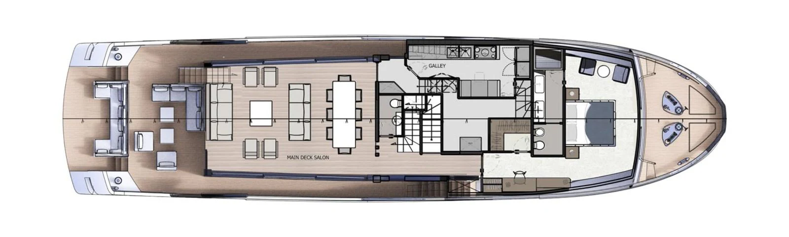 This image showcases the detailed deck plan of a luxurious yacht, highlighting various living and utility areas. aboard FILIPPETTI N28-01 Yacht for Sale