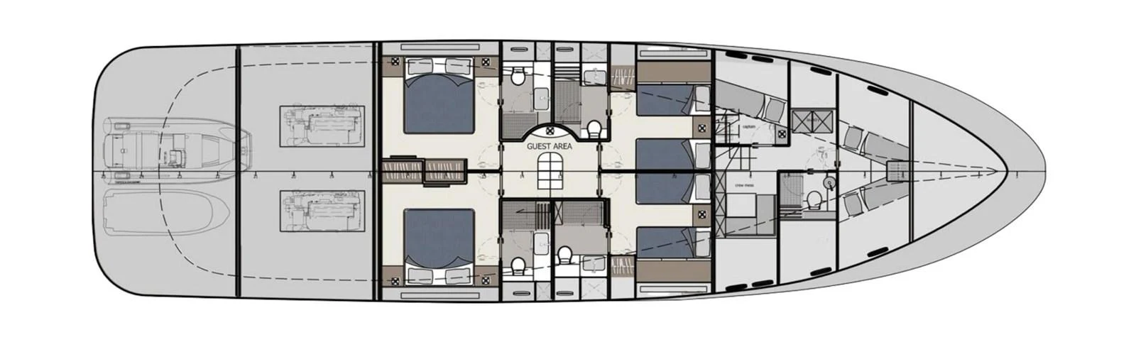 This image showcases the detailed deck plan of a luxurious yacht, highlighting various rooms and amenities. aboard FILIPPETTI N28-01 Yacht for Sale