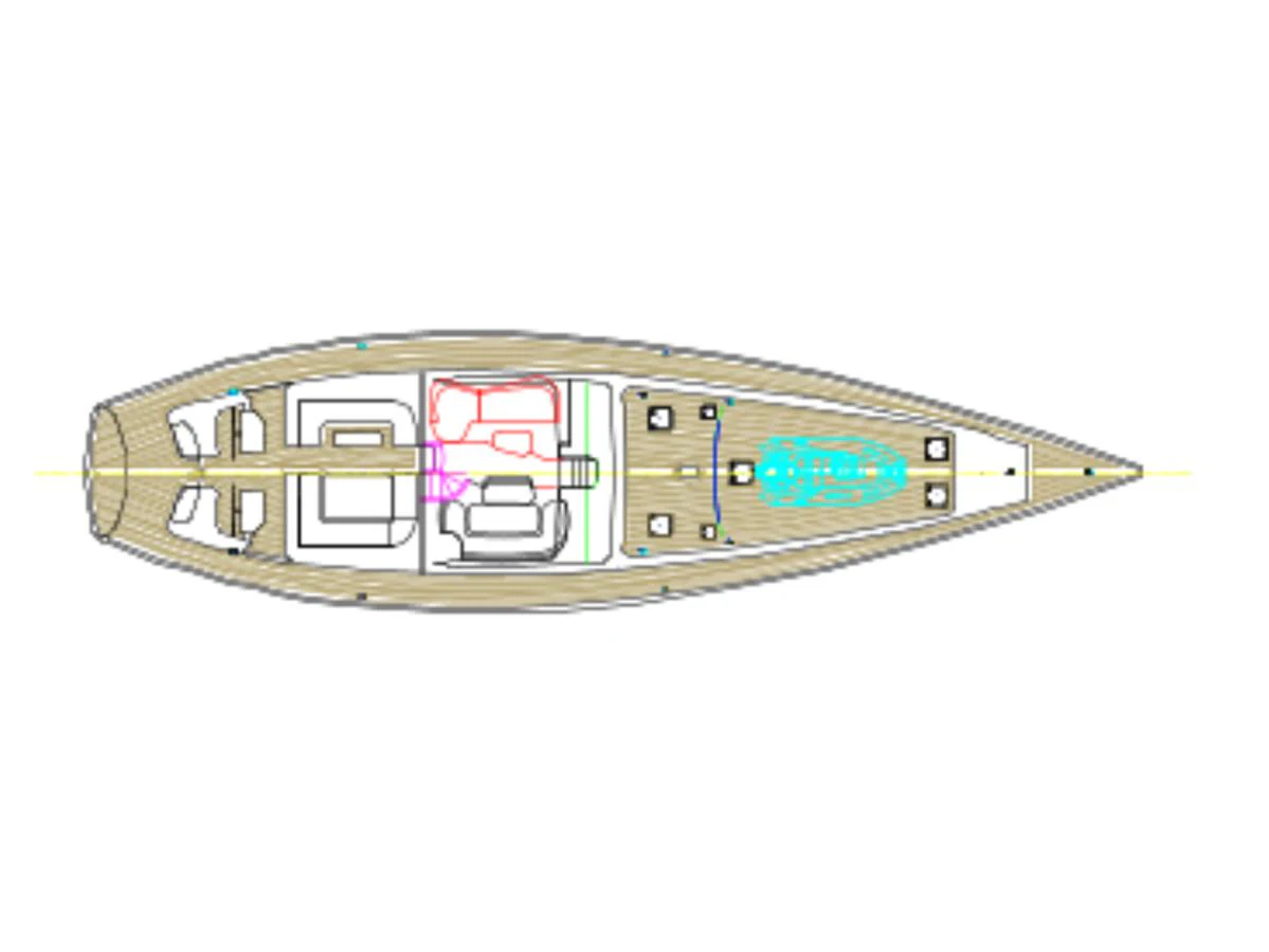 This image shows the detailed deck plan of a yacht, highlighting various areas and layouts. aboard GOLDEN TOUCH Yacht for Sale