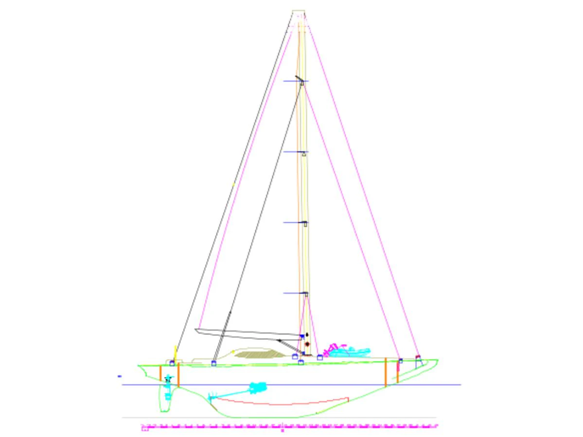 A technical drawing of a sailing yacht showcasing its design and structure. aboard GOLDEN TOUCH Yacht for Sale