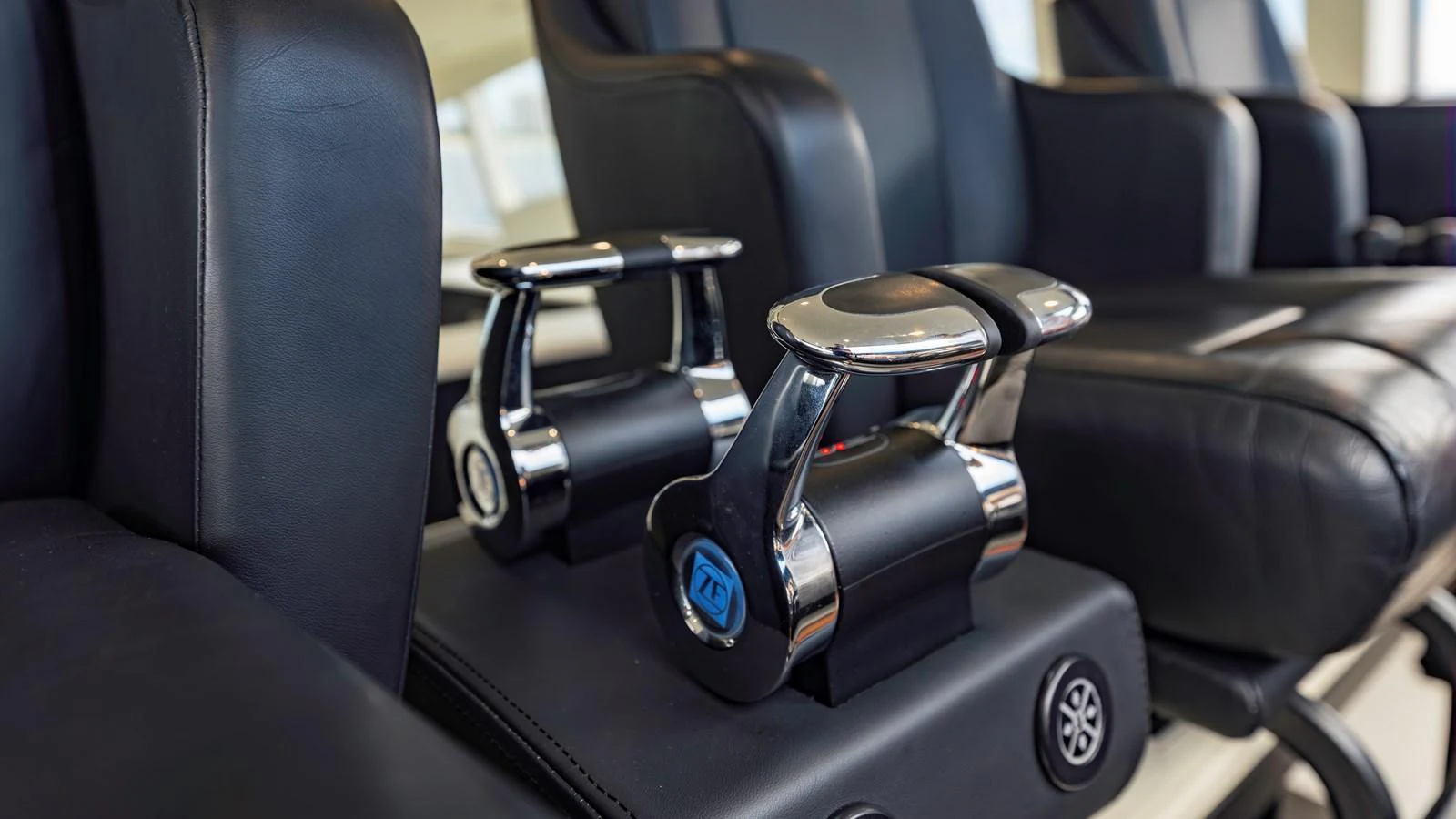 The image showcases the sleek and modern throttle controls of the yacht, highlighting its advanced technology and luxurious design. aboard ANDIAMO II Yacht for Sale