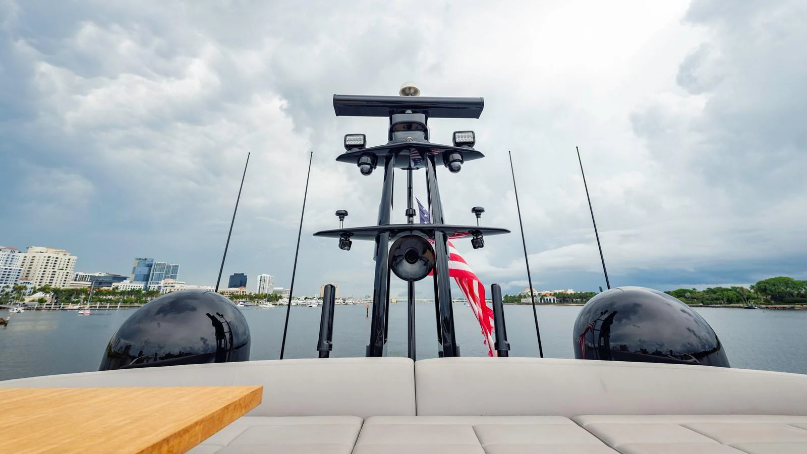 The image captures the detailed equipment and radar systems on the yacht's upper deck. aboard ANDIAMO II Yacht for Sale