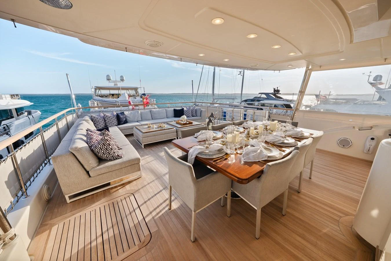 a large living room with a large deck and a large ship aboard FONTANA Yacht for Sale