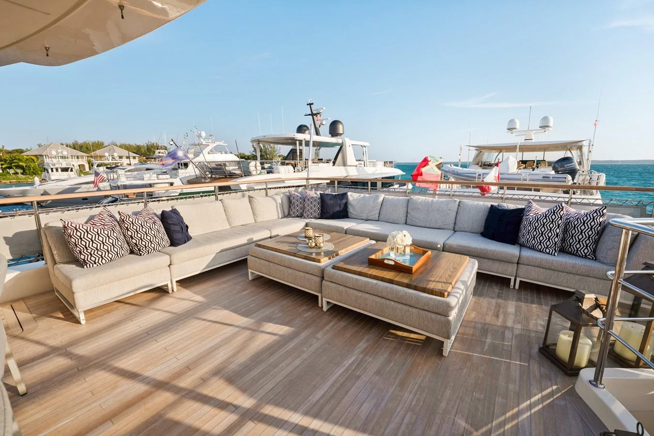 a large living room with a large deck overlooking the ocean aboard FONTANA Yacht for Sale