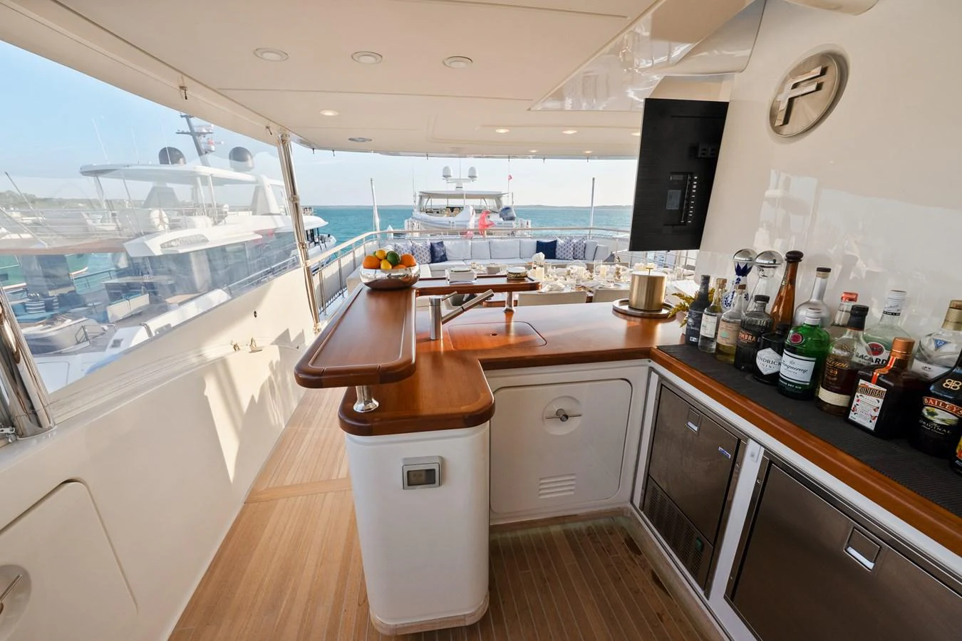 a kitchen with a large window aboard FONTANA Yacht for Sale