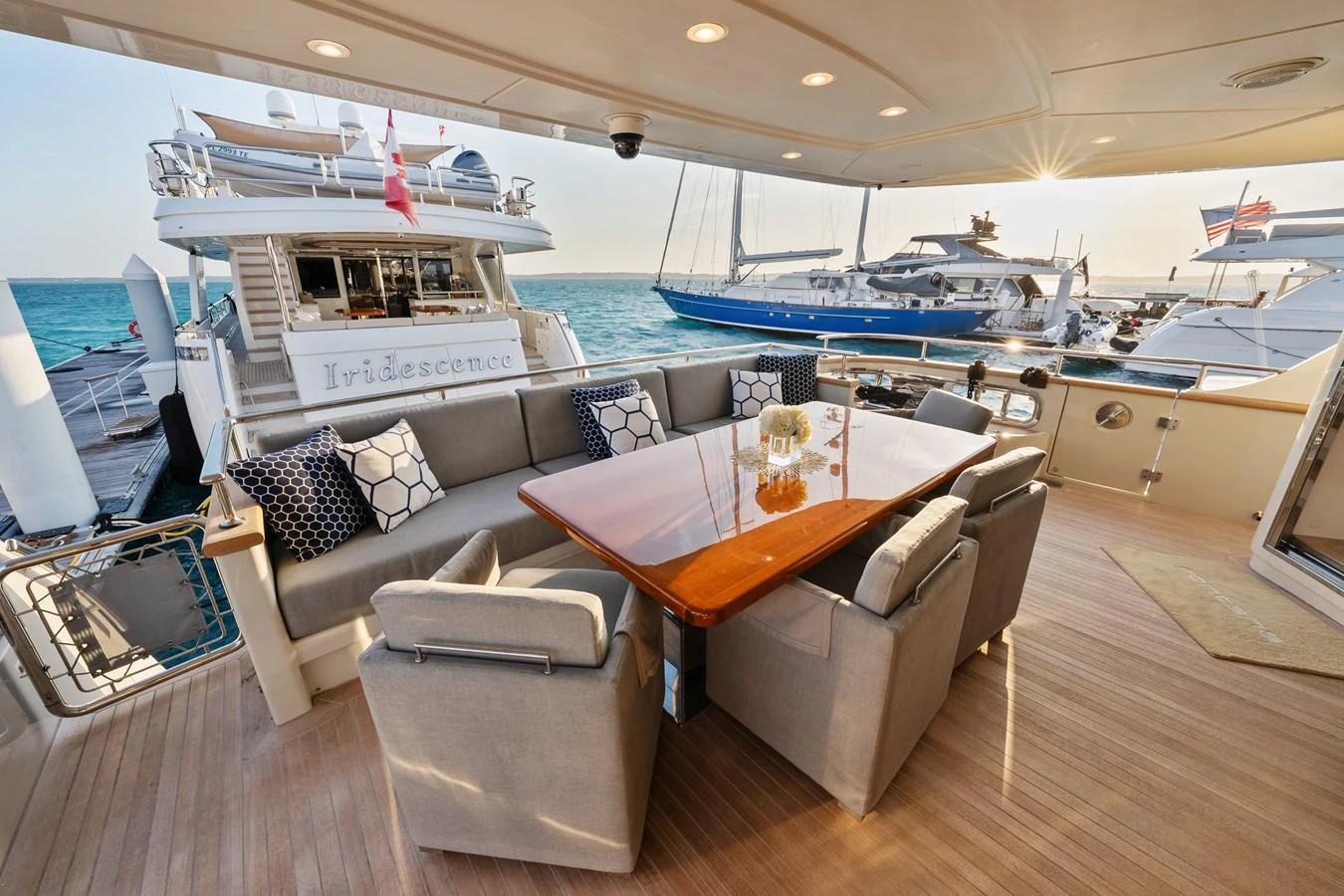 a boat is parked in a large room with a table and chairs aboard FONTANA Yacht for Sale