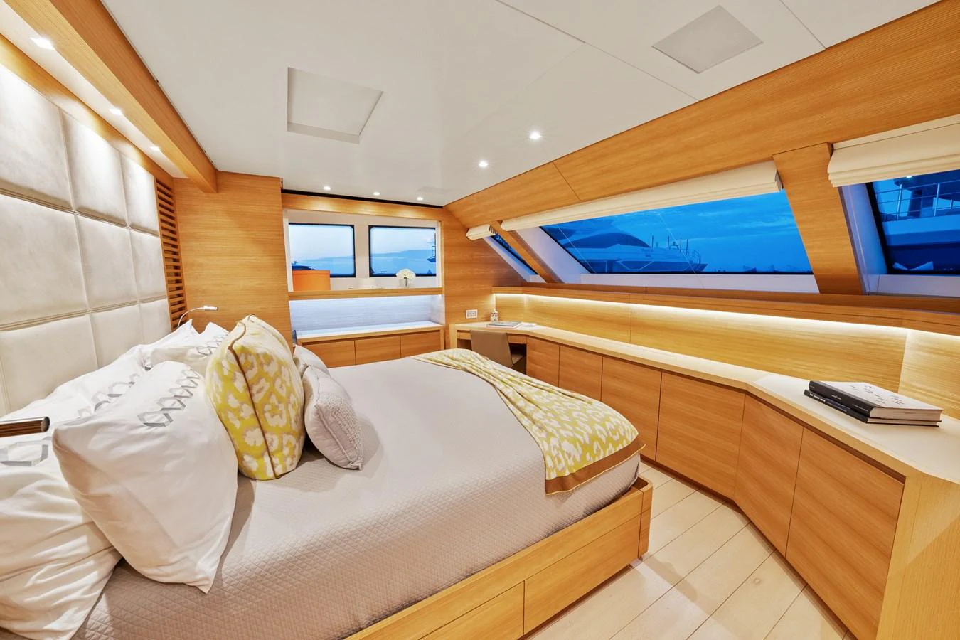 a room with a bed and a desk aboard FONTANA Yacht for Sale
