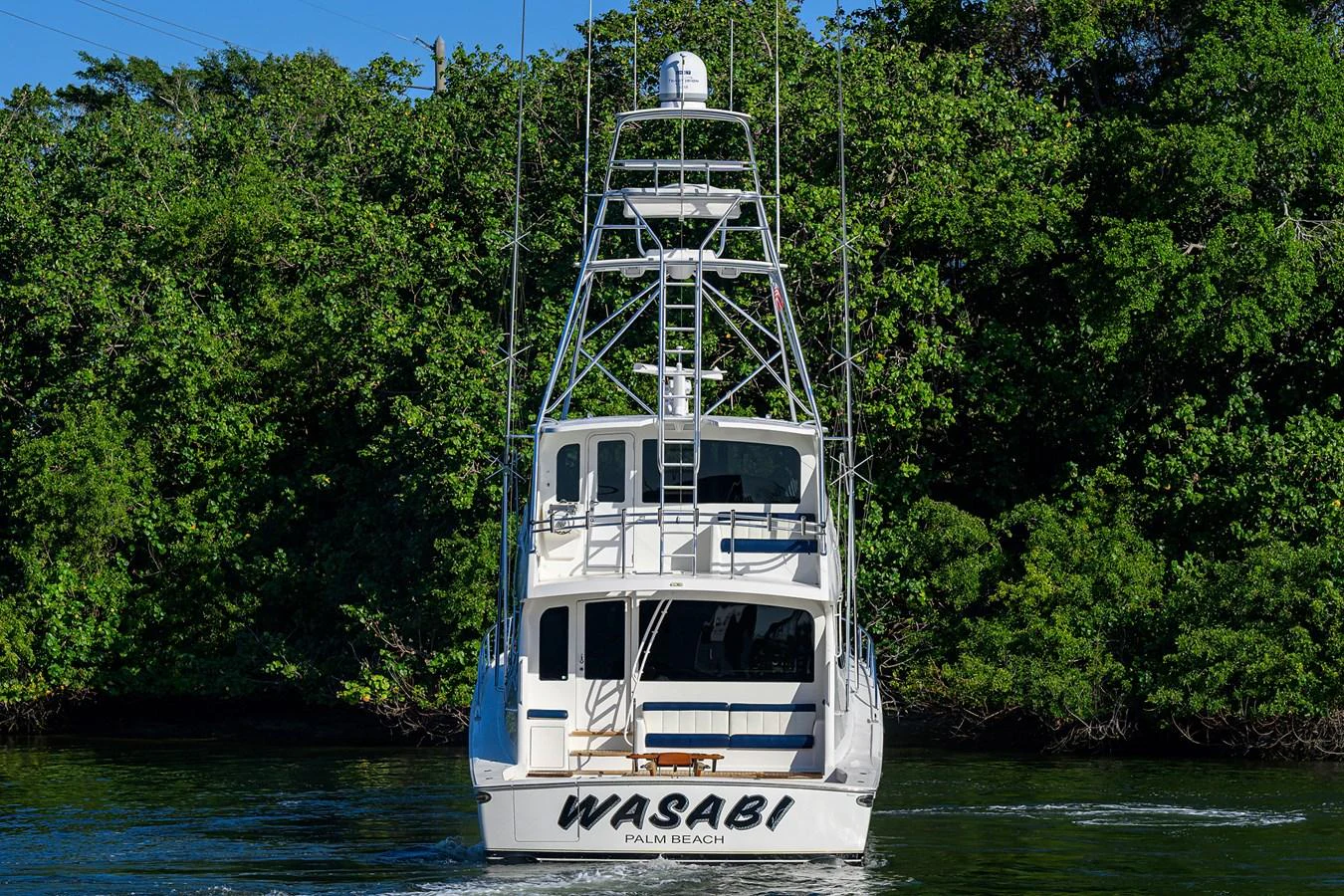 A sleek yacht named Wasabi is seen from the rear, cruising in a lush, green environment. aboard WASABI Yacht for Sale