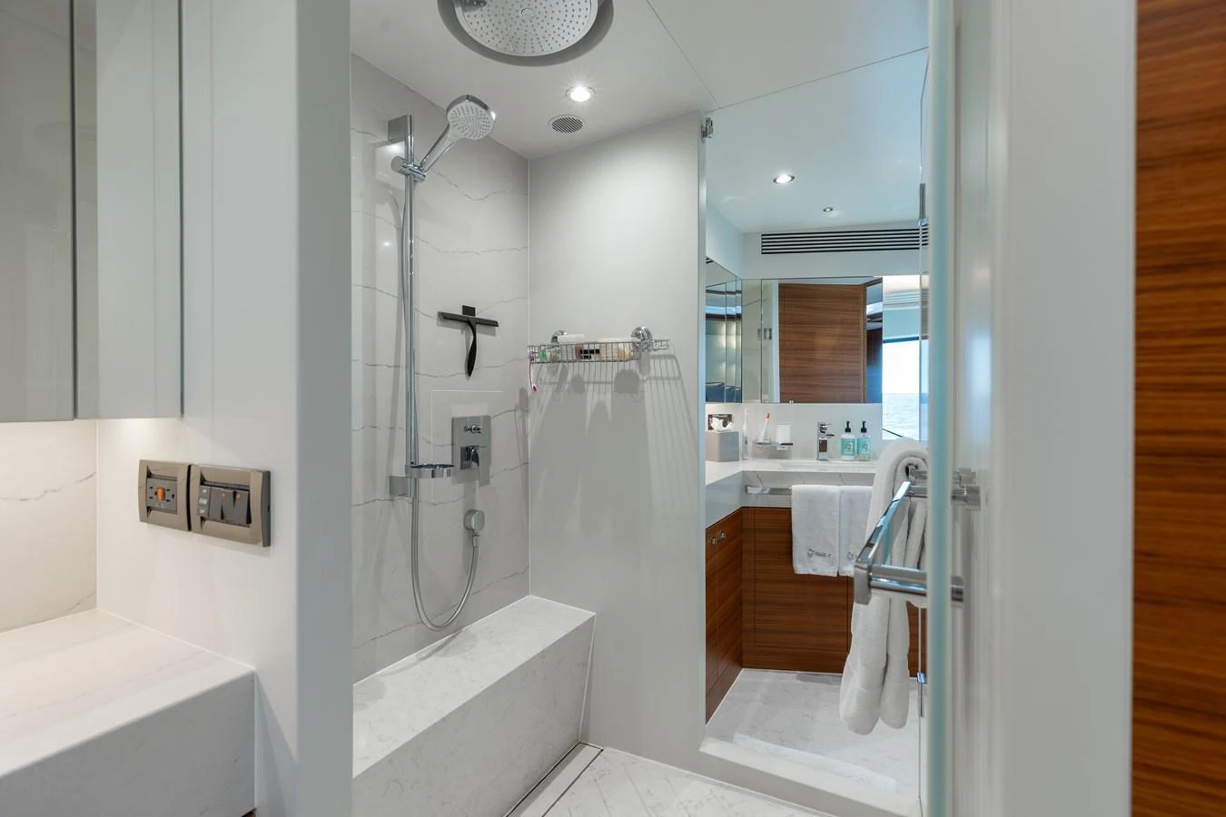 The yacht's bathroom features modern fixtures and a sleek design. aboard NEX-T Yacht for Sale