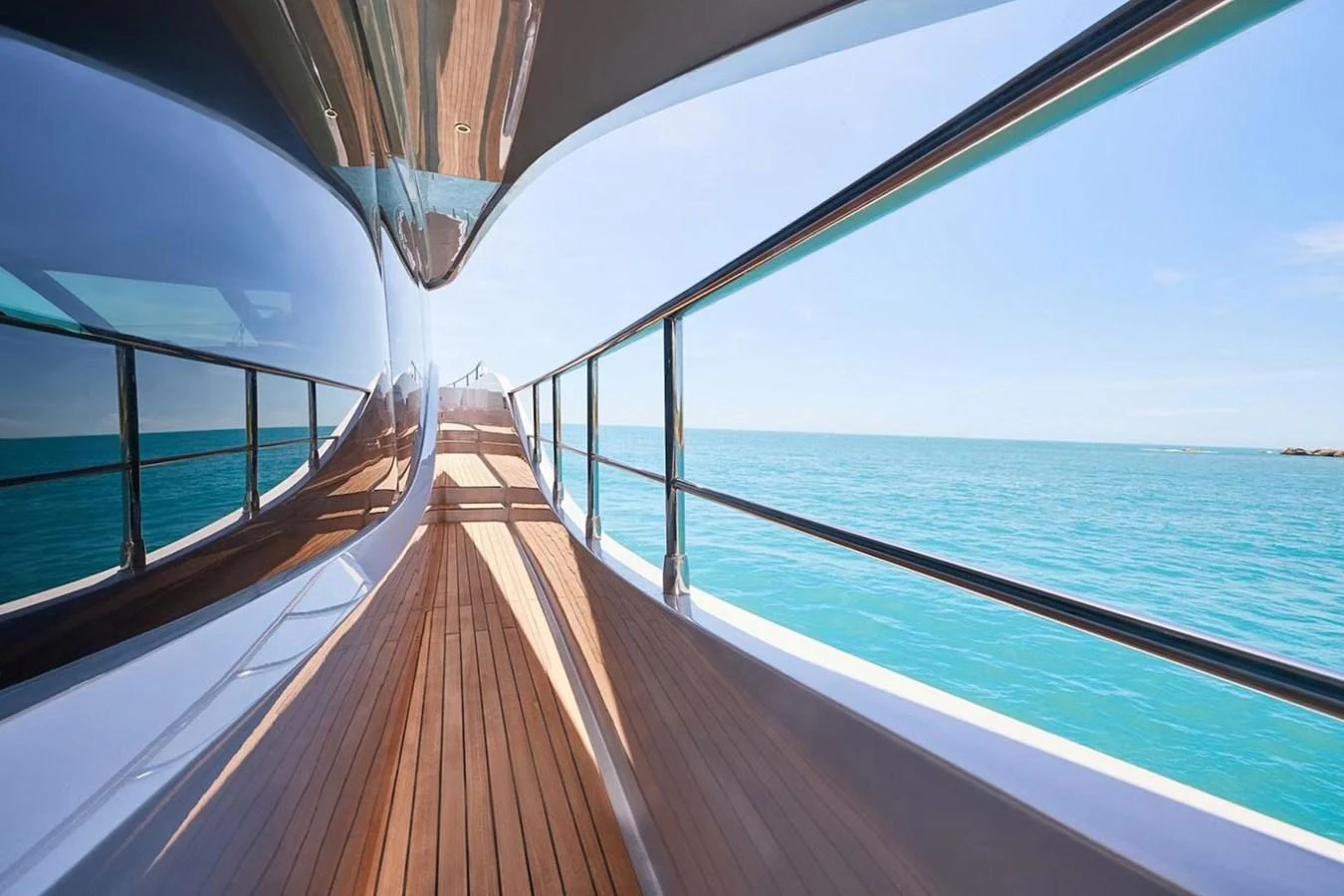 A sleek yacht deck with polished wood flooring and modern railings, offering stunning ocean views. aboard 7809 Yacht for Sale
