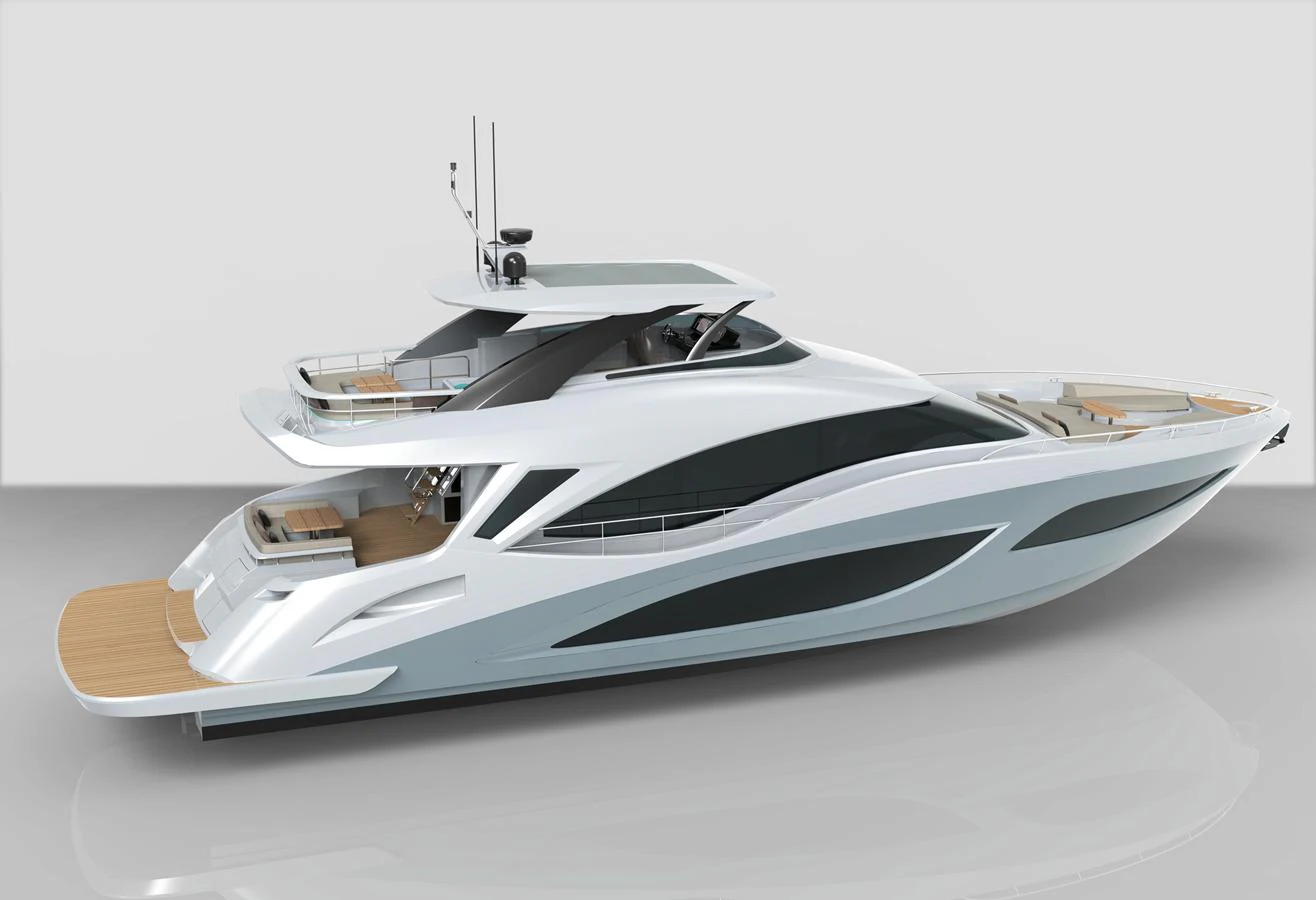 A sleek and modern yacht with a streamlined design and spacious decks. aboard 7809 Yacht for Sale