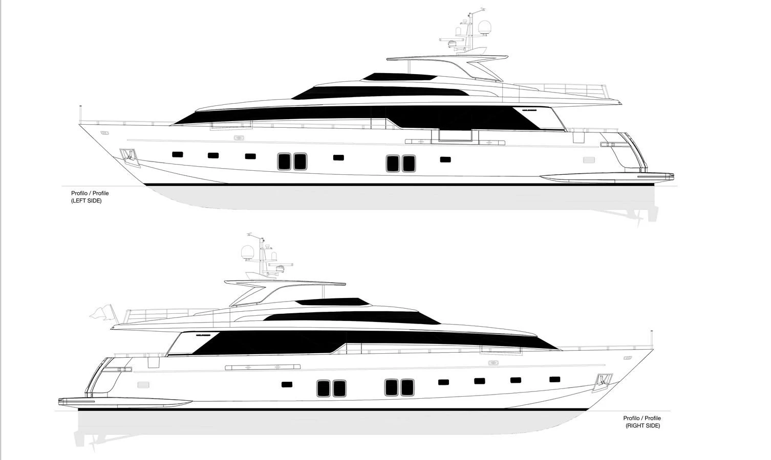 The image showcases the side profile drawings of a sleek, modern yacht with multiple decks and a streamlined design. aboard PERCAL Yacht for Sale