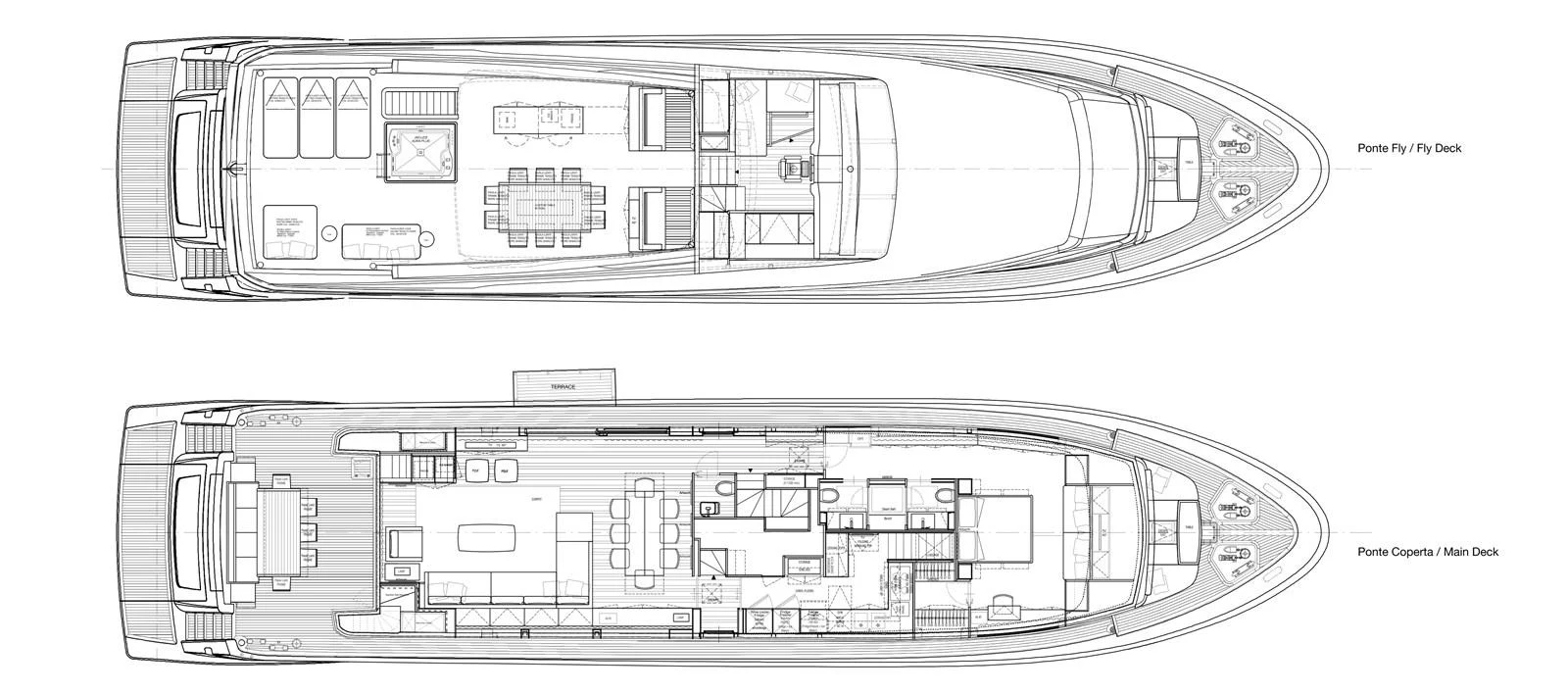 The image shows detailed deck plans of a luxury yacht, illustrating the layout of various levels. aboard PERCAL Yacht for Sale
