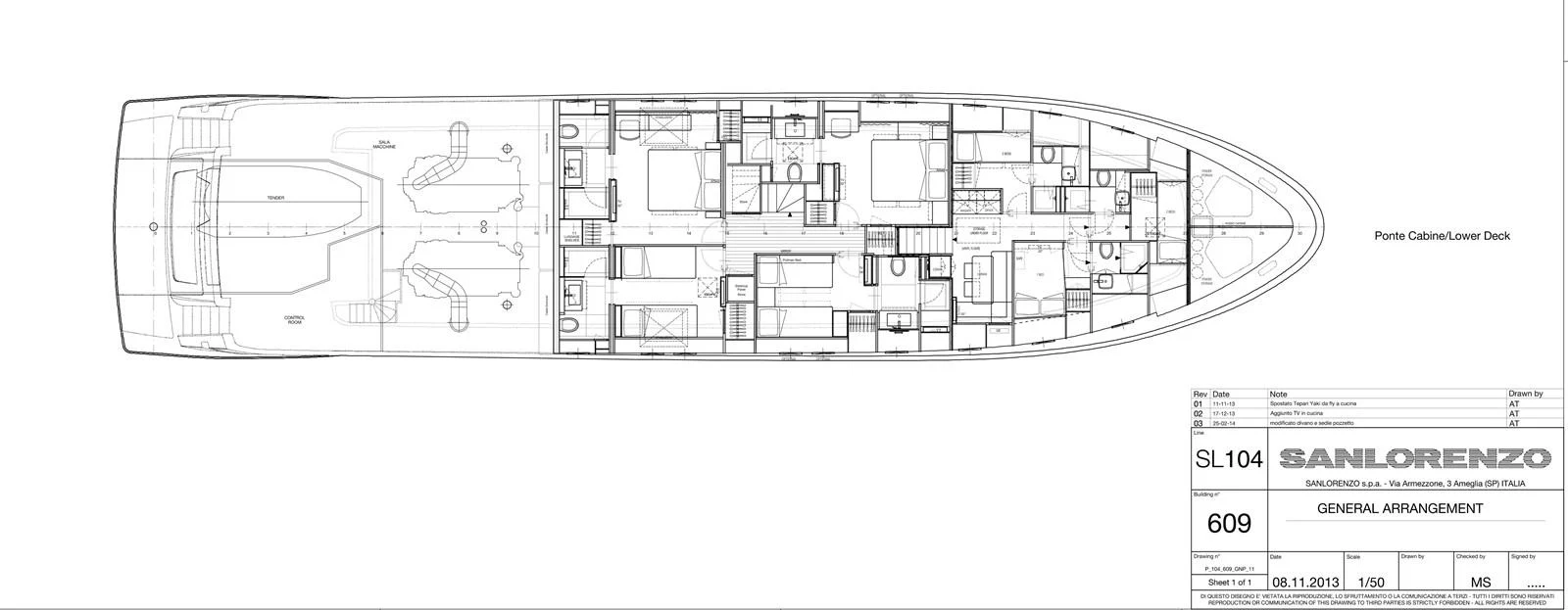 This is a detailed general arrangement plan of a yacht's lower deck layout. aboard PERCAL Yacht for Sale