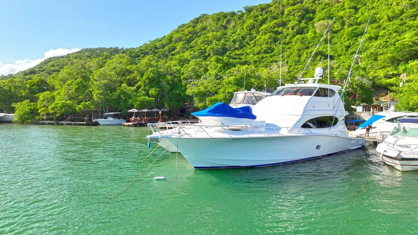 A sleek white yacht is docked in a serene, green-water bay surrounded by lush greenery. aboard HATTERAS 68 CONVERTIBLE Yacht for Sale