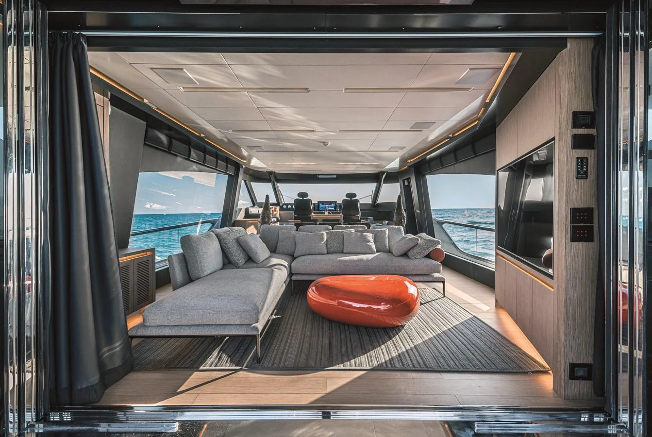 The spacious salon features modern furnishings and panoramic ocean views. aboard AB 80 Yacht for Sale