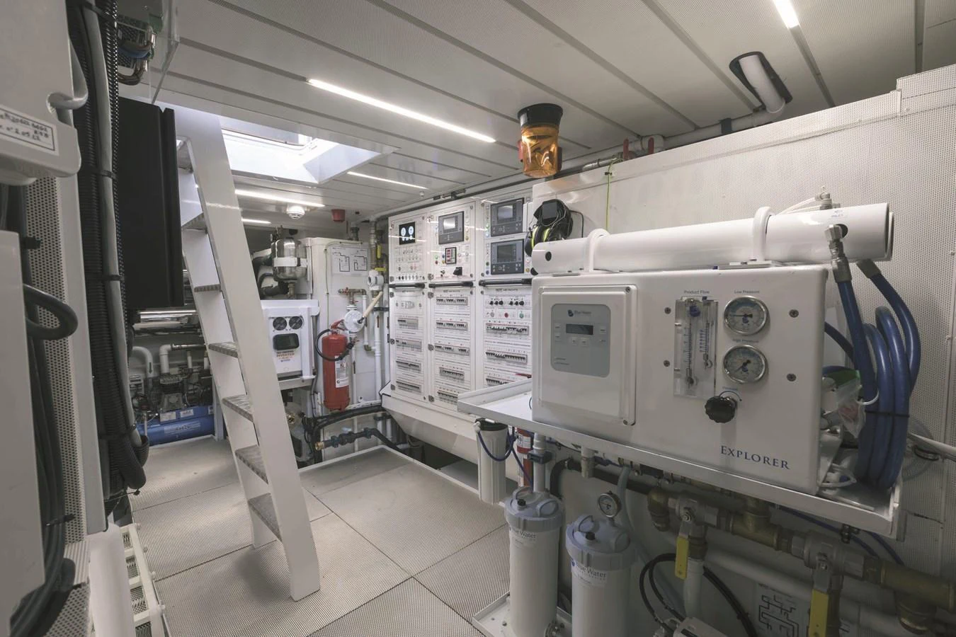 The engine room is equipped with advanced machinery and control panels, showcasing the yacht's technical sophistication. aboard AB 80 Yacht for Sale