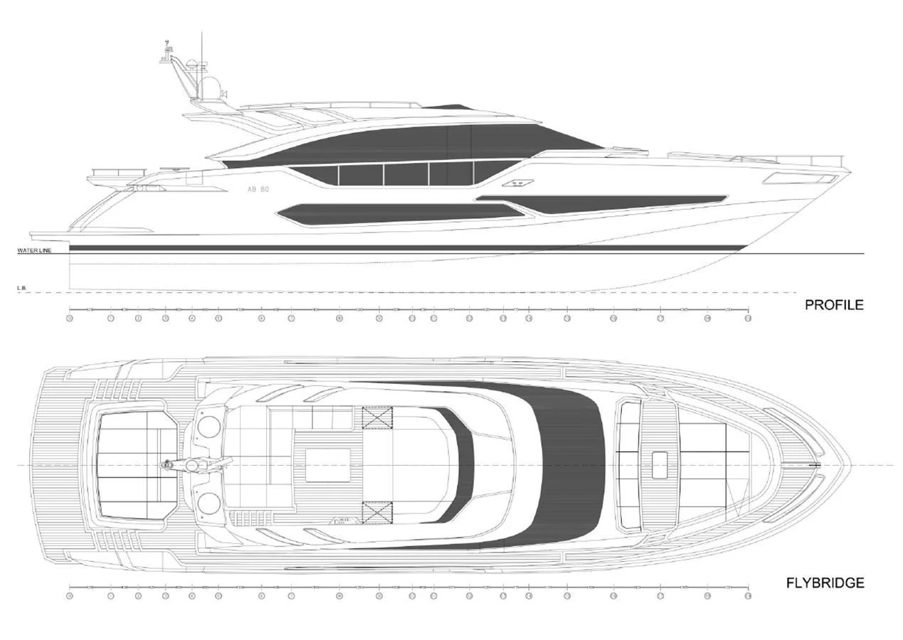 A detailed technical drawing showcases the profile and flybridge layout of a sleek yacht. aboard AB 80 Yacht for Sale