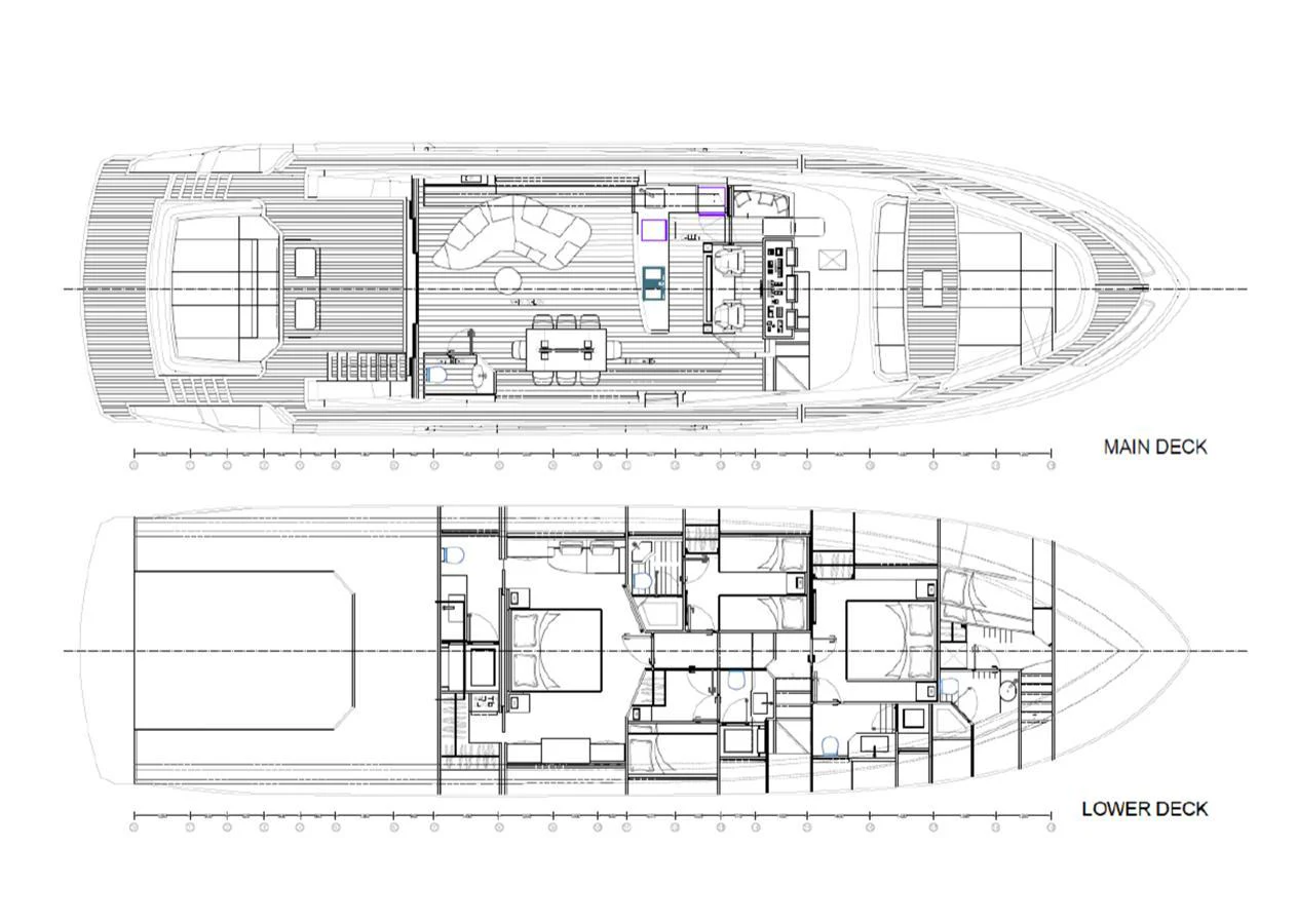 This image shows the layout plans of the main and lower decks of a yacht. aboard AB 80 Yacht for Sale