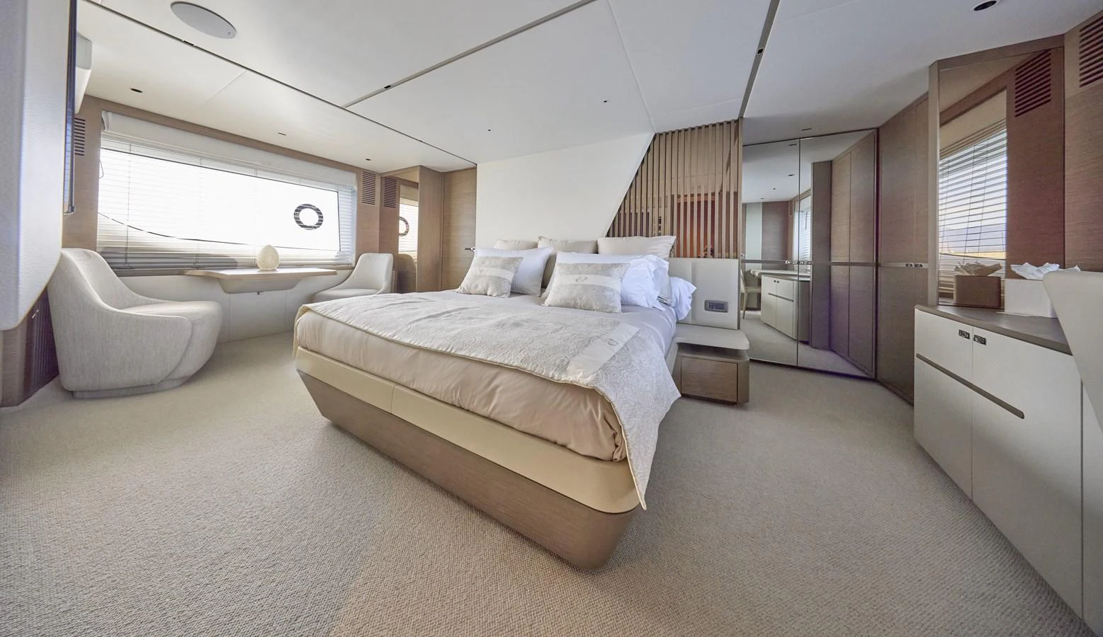 The master stateroom offers a spacious and luxurious retreat with modern furnishings and ample natural light. aboard POLARIS Yacht for Sale