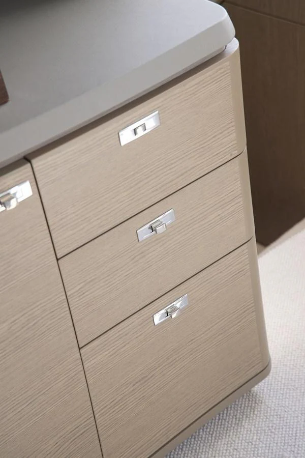 A close-up view of sleek, modern cabinetry with metallic handles. aboard POLARIS Yacht for Sale