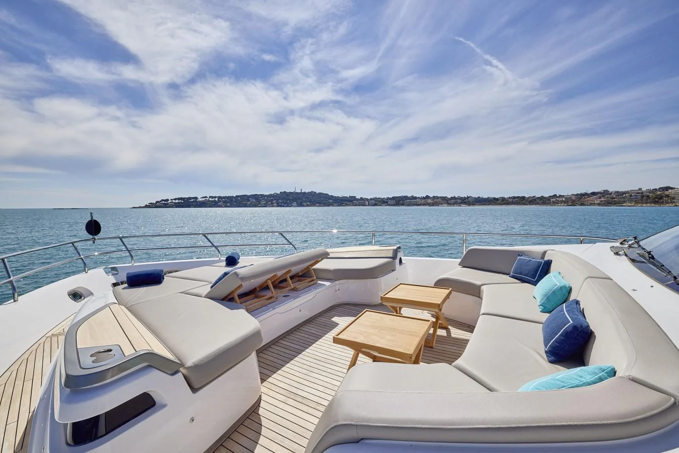 The sundeck offers a luxurious lounging area with comfortable seating and stunning ocean views. aboard POLARIS Yacht for Sale