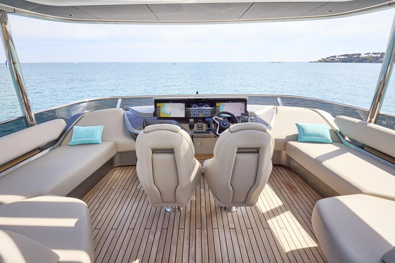 The helm station offers a panoramic view with luxurious seating and advanced navigation equipment. aboard POLARIS Yacht for Sale