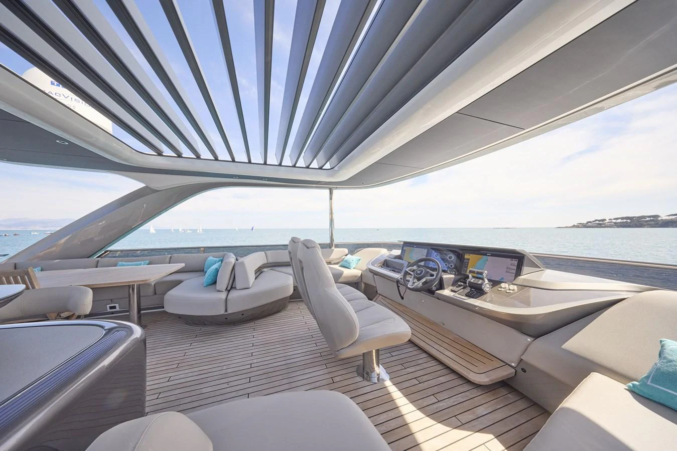 The helm area offers a sleek and modern design with panoramic views of the sea. aboard POLARIS Yacht for Sale