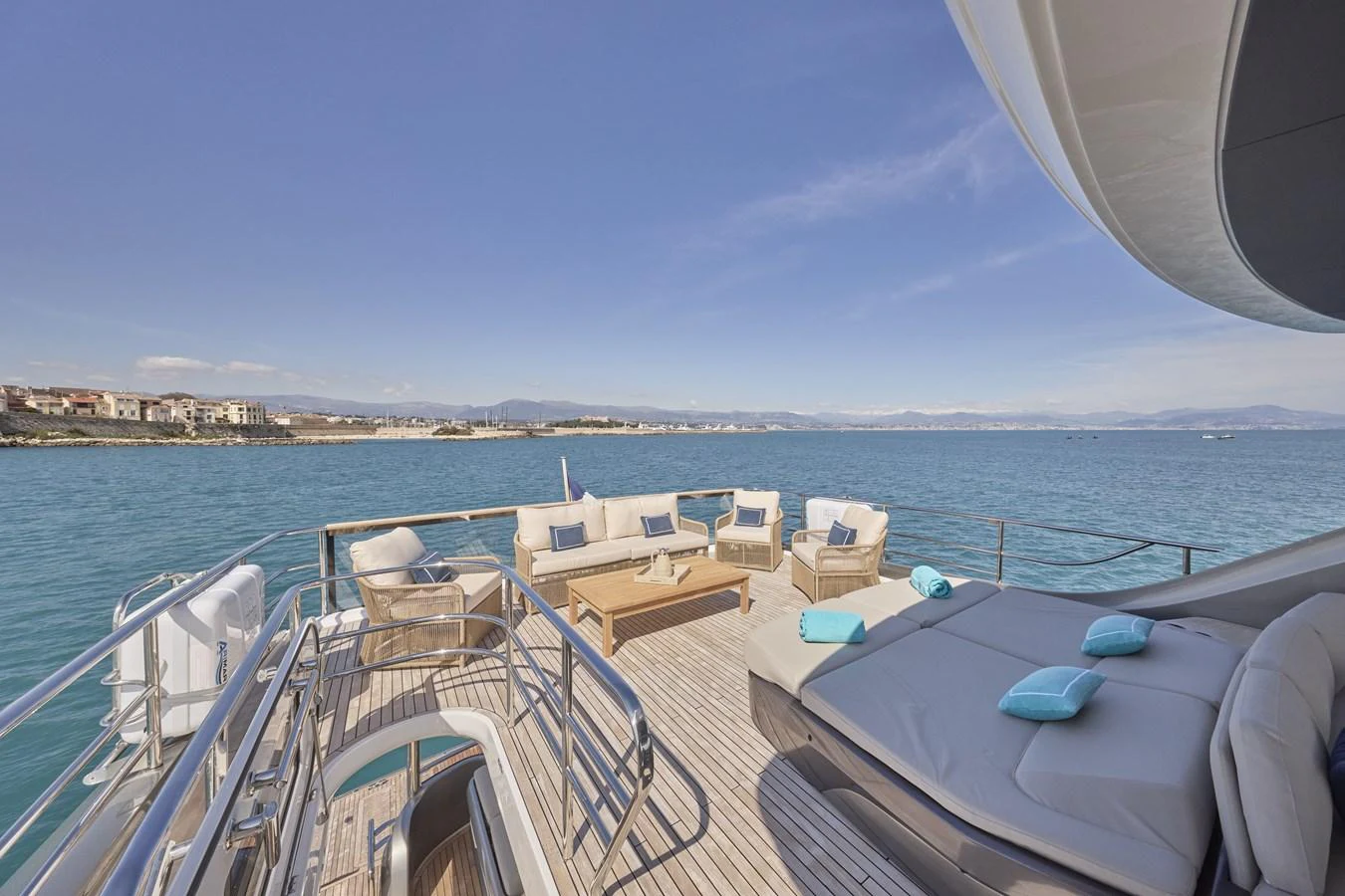 The sundeck offers a luxurious space with ample seating and sunbathing areas, perfect for relaxation and enjoying the sea views. aboard POLARIS Yacht for Sale