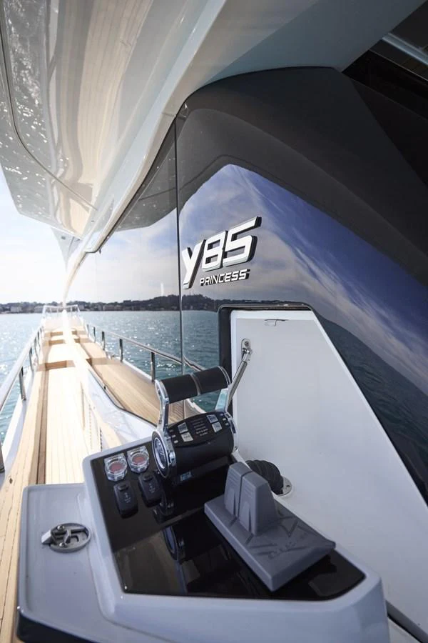 A close-up view of the yacht's control panel and sleek exterior design. aboard POLARIS Yacht for Sale