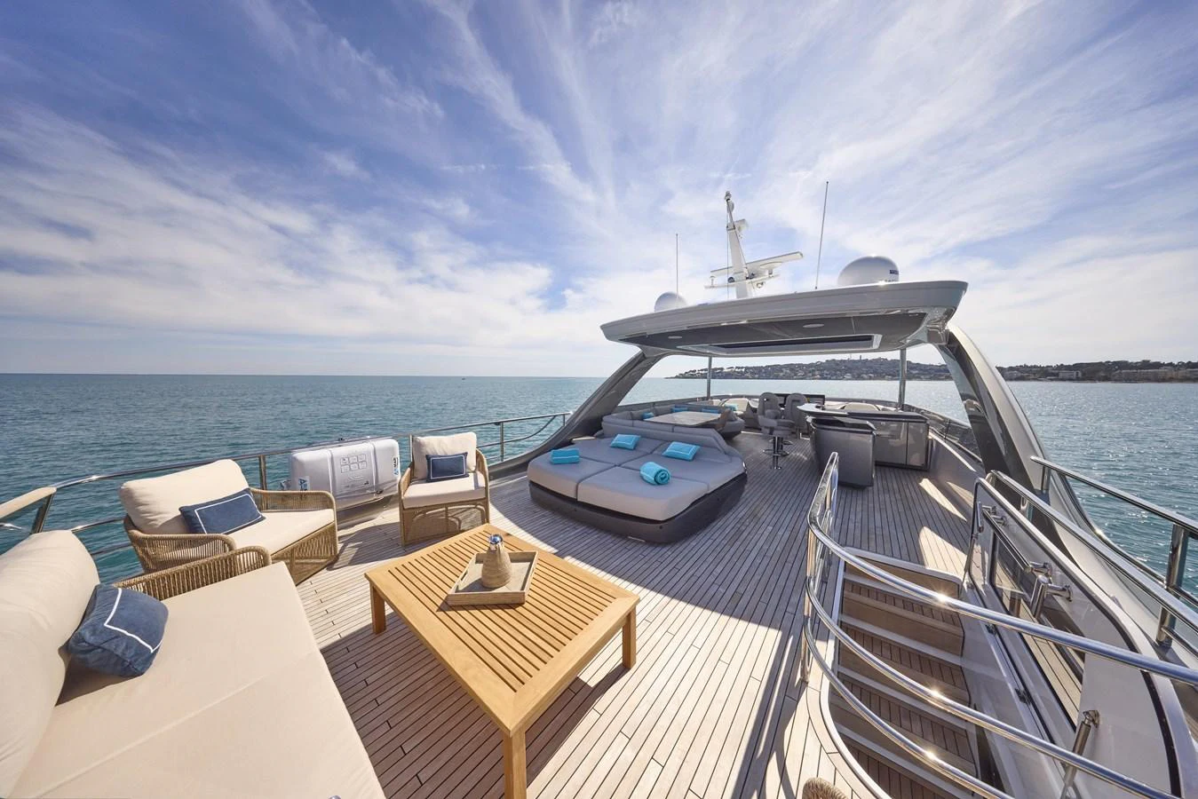 The sundeck offers a luxurious space with ample seating and sunbathing areas, perfect for relaxation and enjoying the sea views. aboard POLARIS Yacht for Sale