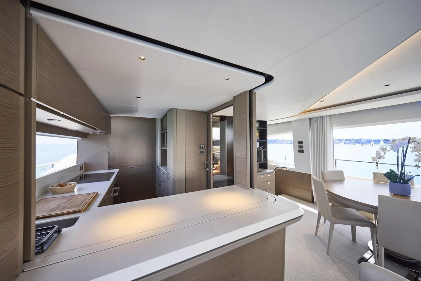 The yacht's galley features modern design with ample counter space and natural light. aboard POLARIS Yacht for Sale