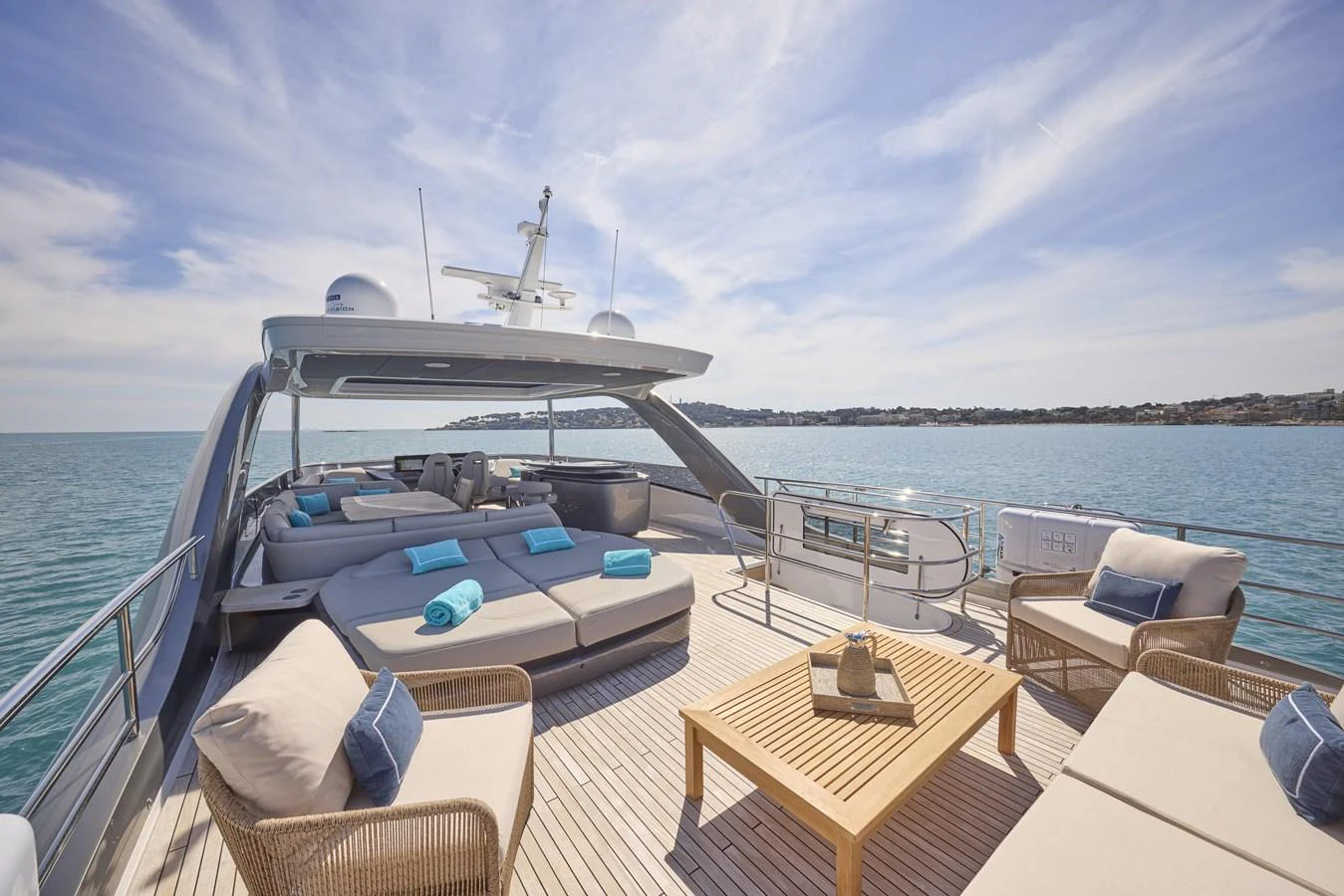 The sundeck offers a spacious and luxurious area for relaxation with ample seating and stunning sea views. aboard POLARIS Yacht for Sale
