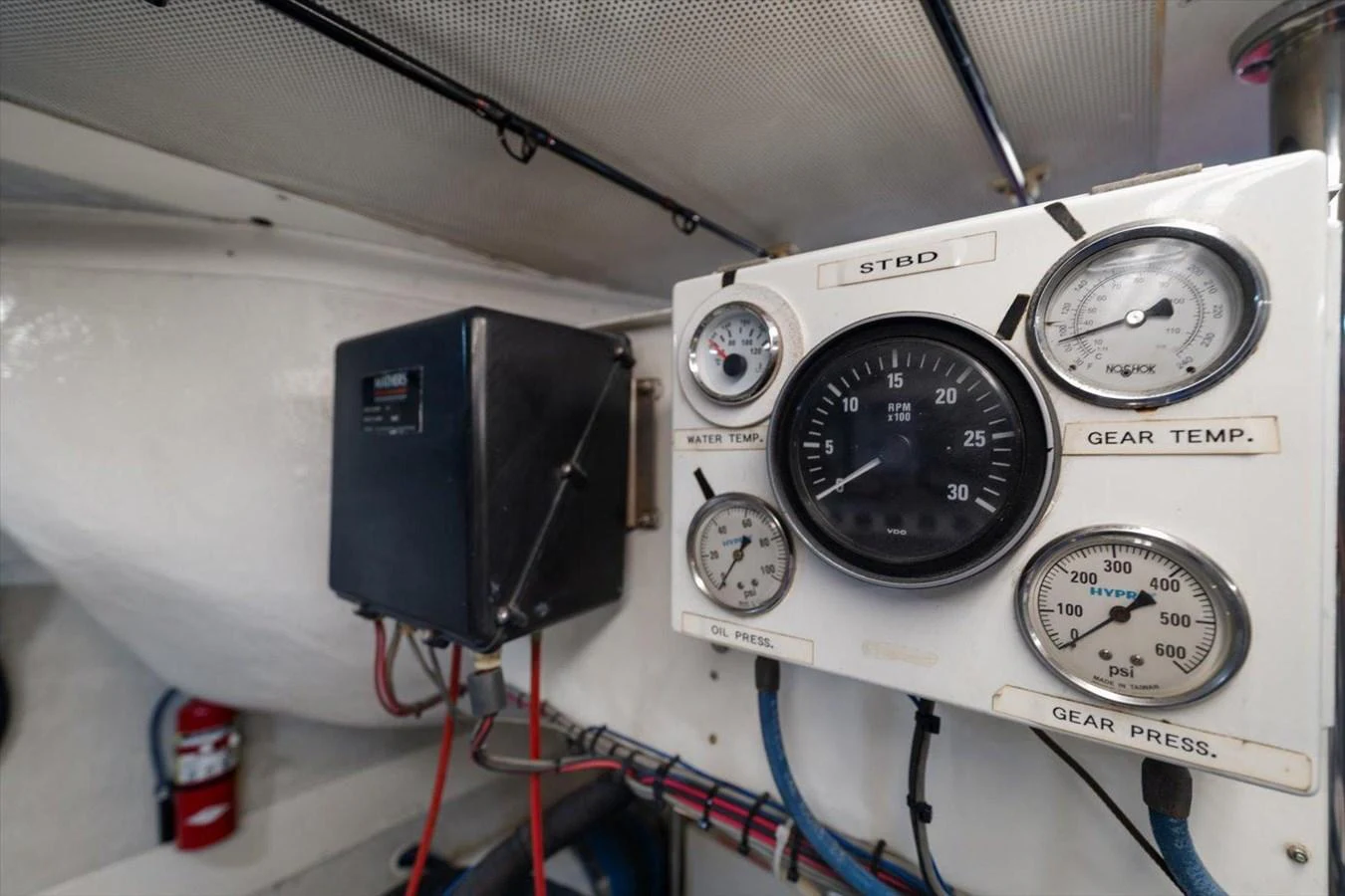 The image showcases the detailed instrumentation and control panel of the yacht's engine room. aboard OCTOPI Yacht for Sale