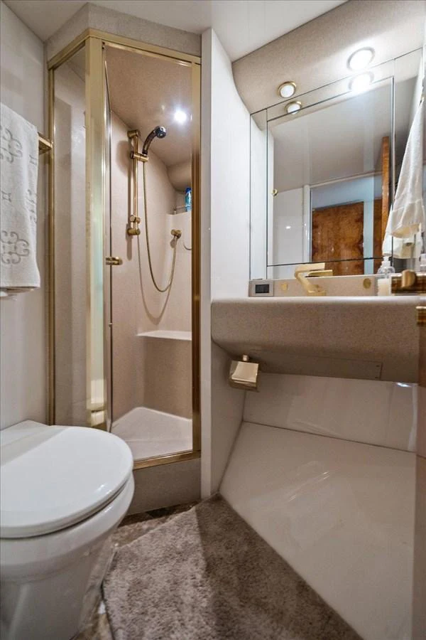 The yacht's bathroom features a compact yet luxurious design with gold accents and modern fixtures. aboard OCTOPI Yacht for Sale