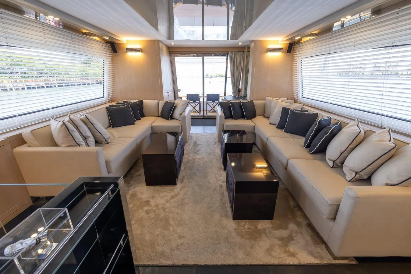 The yacht's salon features plush seating and elegant decor, creating a luxurious and inviting atmosphere. aboard SEA METRI V Yacht for Sale