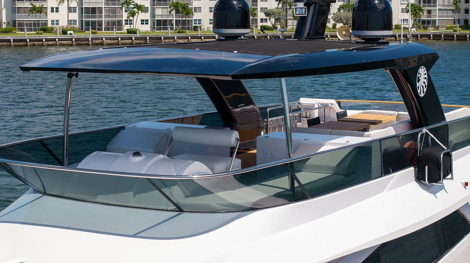 The sleek flybridge of this yacht offers a stylish and modern outdoor space for relaxation and entertainment. aboard SEA METRI V Yacht for Sale