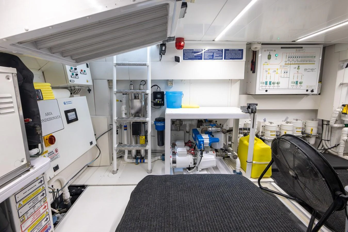 The engine room is equipped with advanced machinery and control systems, ensuring optimal performance and safety. aboard SEA METRI V Yacht for Sale